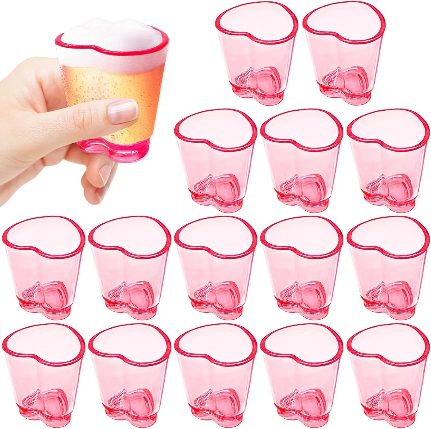 16 PCS Plastic Beer Mugs,1.5 oz Pink Shot Glass,Cute Heart Shot Glasses,Reusable Beer Stein Tasting Glasses Juice Cups for Drinking Beer