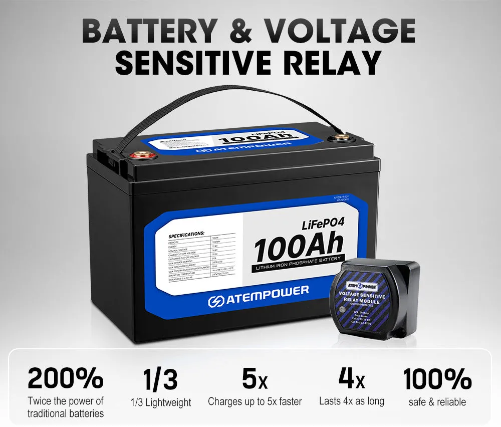 Atem Power 100Ah 12V Lithium Battery LiFePO4 Deep Cycle & Voltage Sensitive Relay
