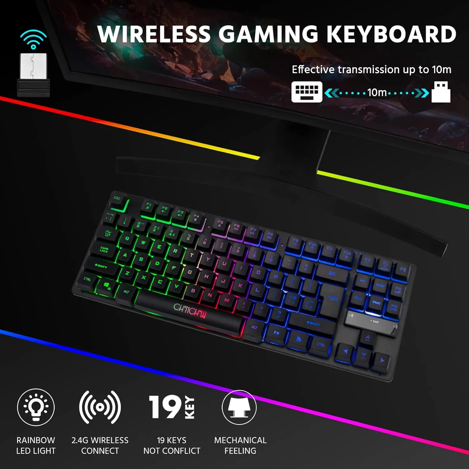 CHONCHOW Wireless LED Keyboard, Rechargeable 87 Key RGB LED Backlit Wireless Gaming Keyboard for PC, PS4, PS5, Xbox One