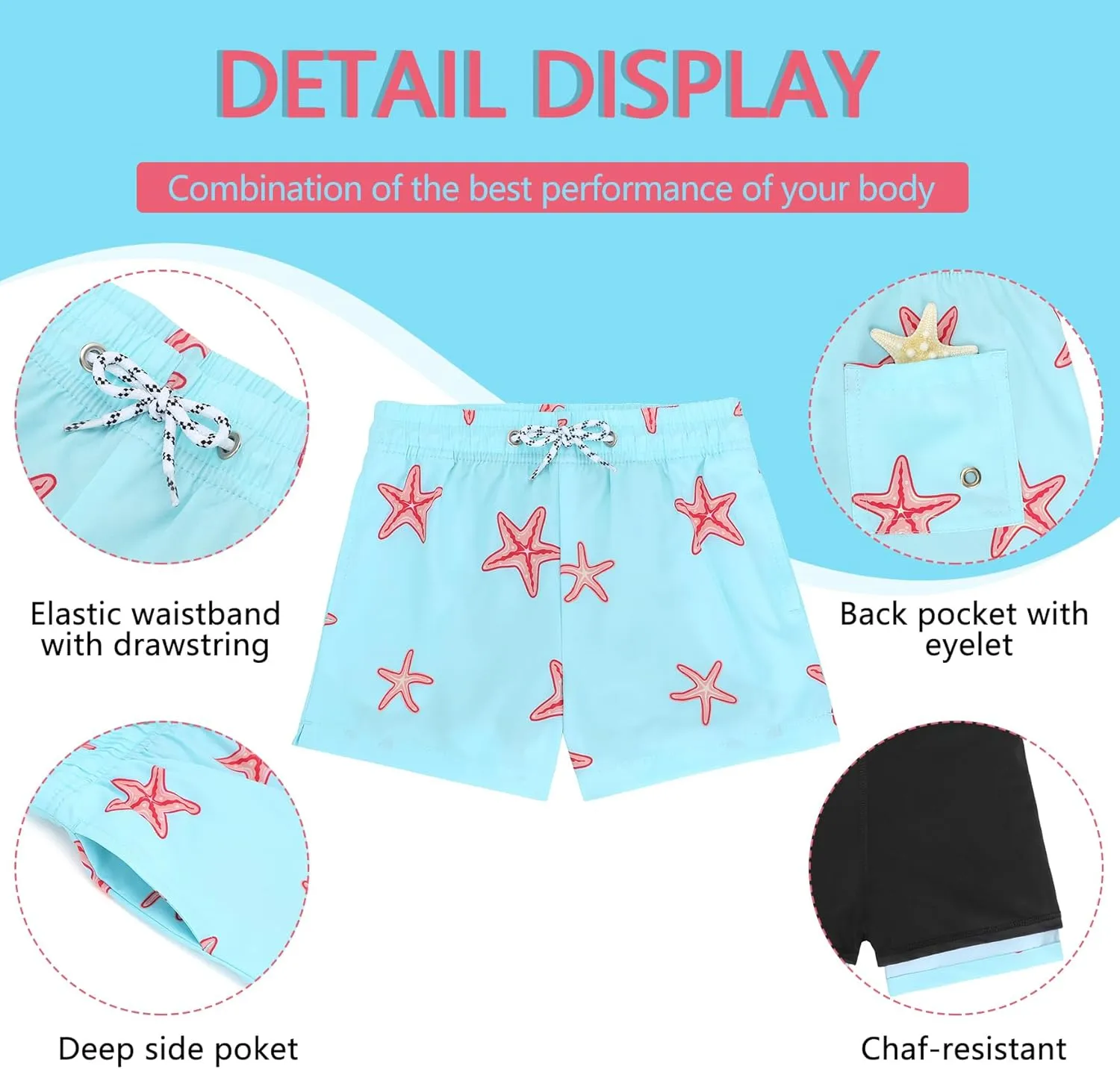 CULACCINO Boys Swim Trunks Boxer Brief Liner Anti Chafe Toddler Swim Shorts Boy Bathing Suit with Compression Liner 2-16T