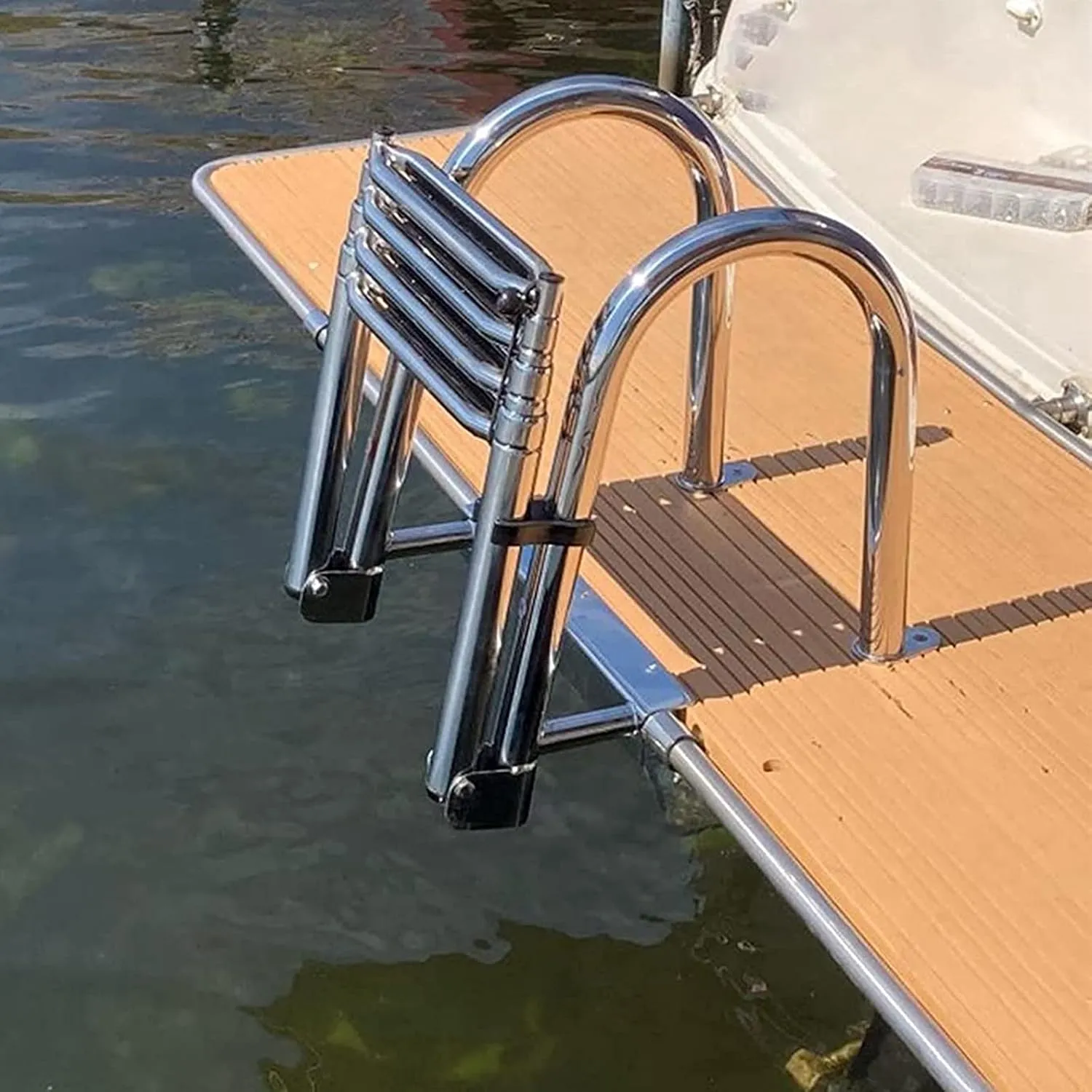 Heavy Duty Swim Deck Ladder Swimming Pool 4 Step Folding Boat Ladder, Heavy Duty Swimming Ladder for Dock Pool Pontoon Fishing Boat, Removable Rear Entry Telescoping Boarding Ladder