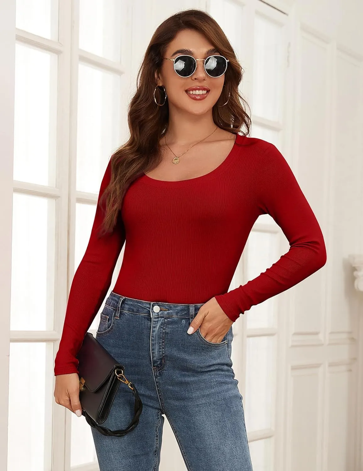 Long Sleeve Shirts for Women Scoop Neck Lightweight Stretchy Fitted Ribbed Basic Layer Tops Blouse