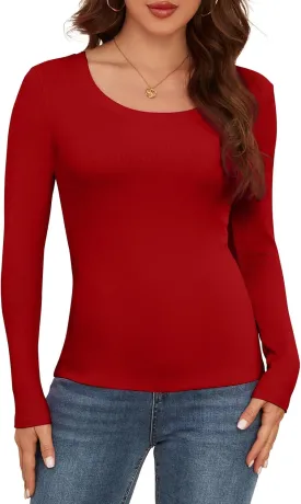 Long Sleeve Shirts for Women Scoop Neck Lightweight Stretchy Fitted Ribbed Basic Layer Tops Blouse