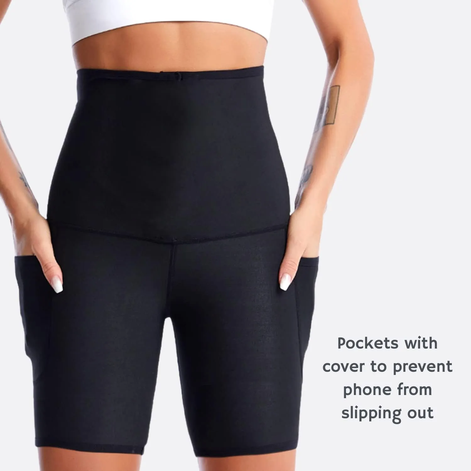 Nano Hertz Sauna Sweat Suit Weight Loss Shapewear Shorts Pockets Waist Trainer Body Sweatsuit Exercise Fitness Gym Women Girl