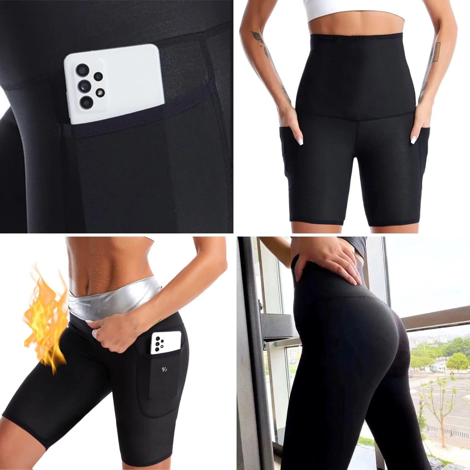 Nano Hertz Sauna Sweat Suit Weight Loss Shapewear Shorts Pockets Waist Trainer Body Sweatsuit Exercise Fitness Gym Women Girl