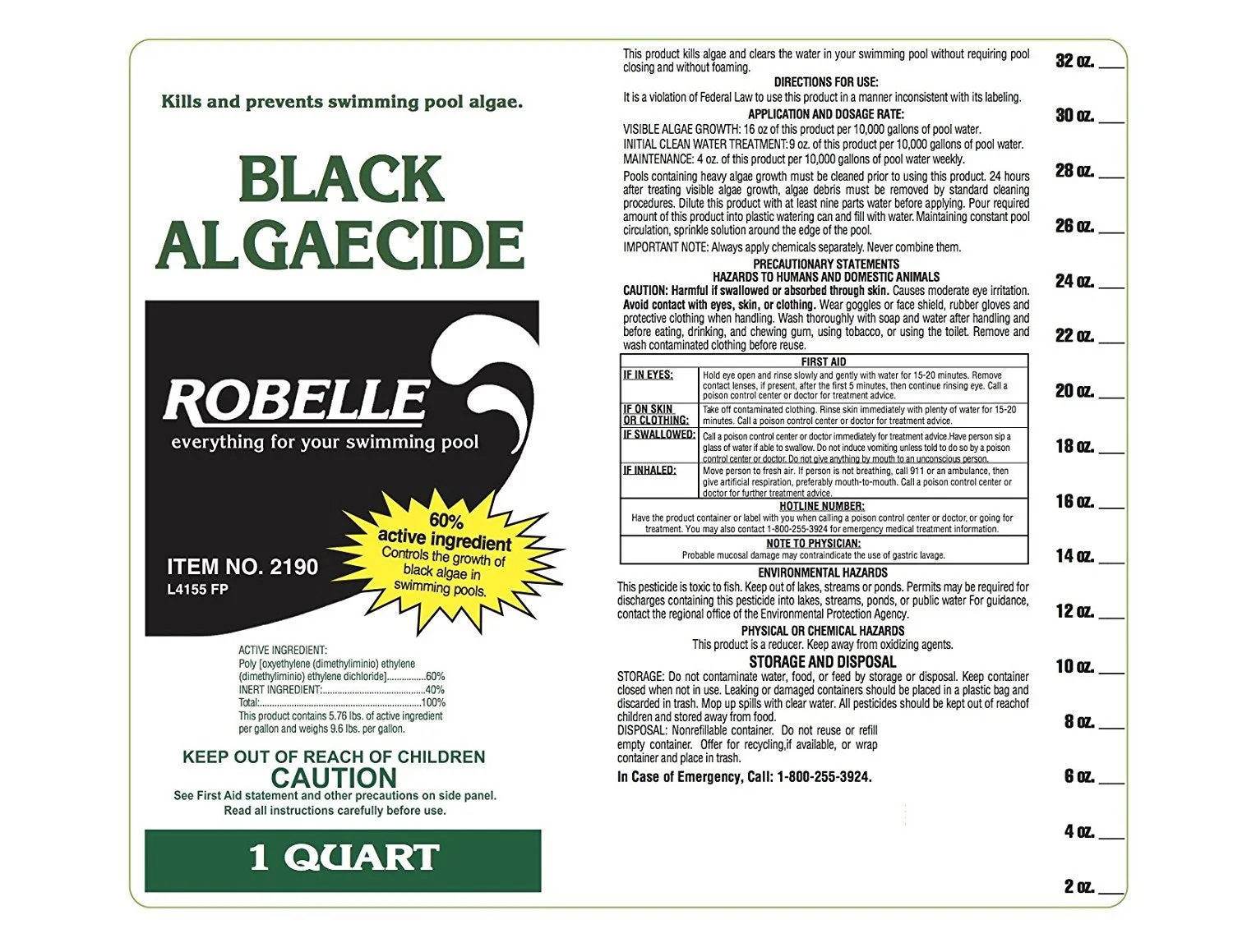 Robelle 2190-12 Black Algaecide for Swimming Pools (12 Pack), 1 quart