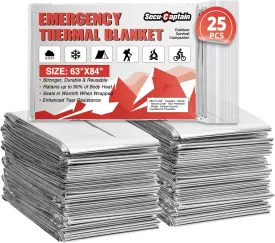 SecuCaptain Survival Emergency Thermal Blankets: Extra Large 84 x63 Space Mylar Blanket Kit for Outdoor Cold Winter Camping Hiking Car Bug Out Bag or First Aid - 25 Pack