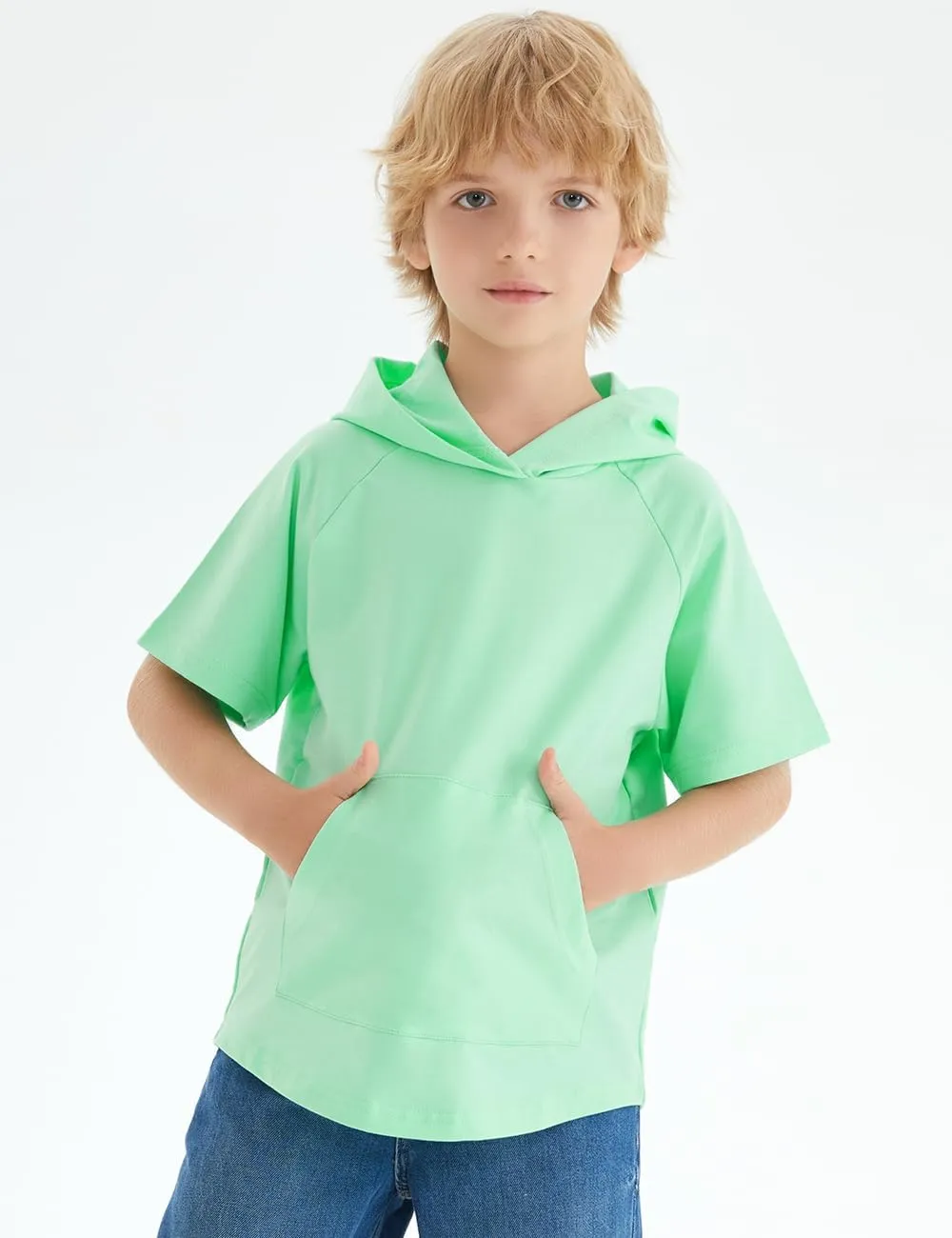 Spring&Gege Boys Light Weight Short Sleeve Hoodie Casual Solid Pullover Hooded T-shirt with Pocket