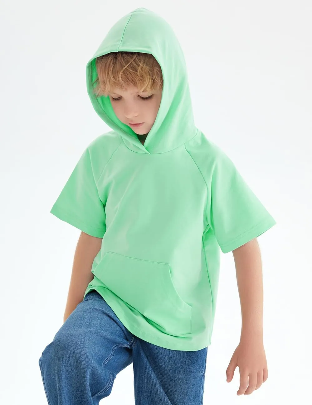 Spring&Gege Boys Light Weight Short Sleeve Hoodie Casual Solid Pullover Hooded T-shirt with Pocket