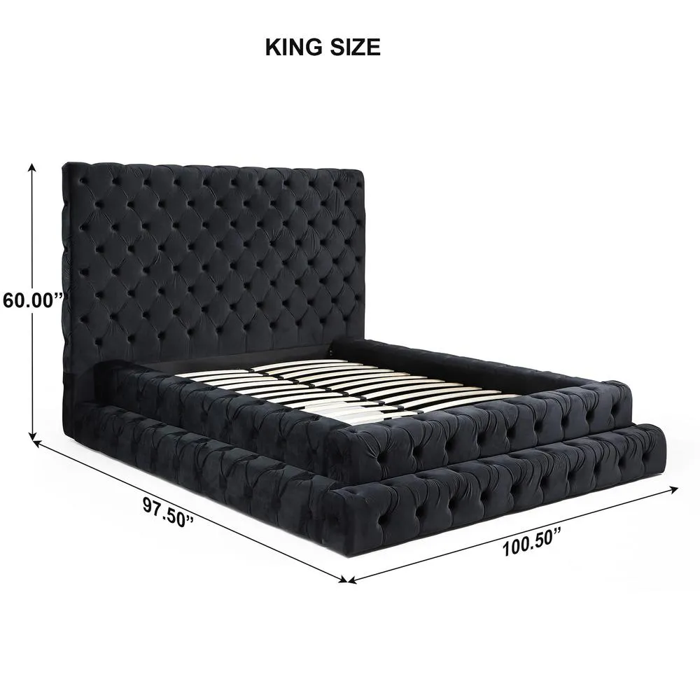 Velvet King Bed with Deep Button Tufting in Black