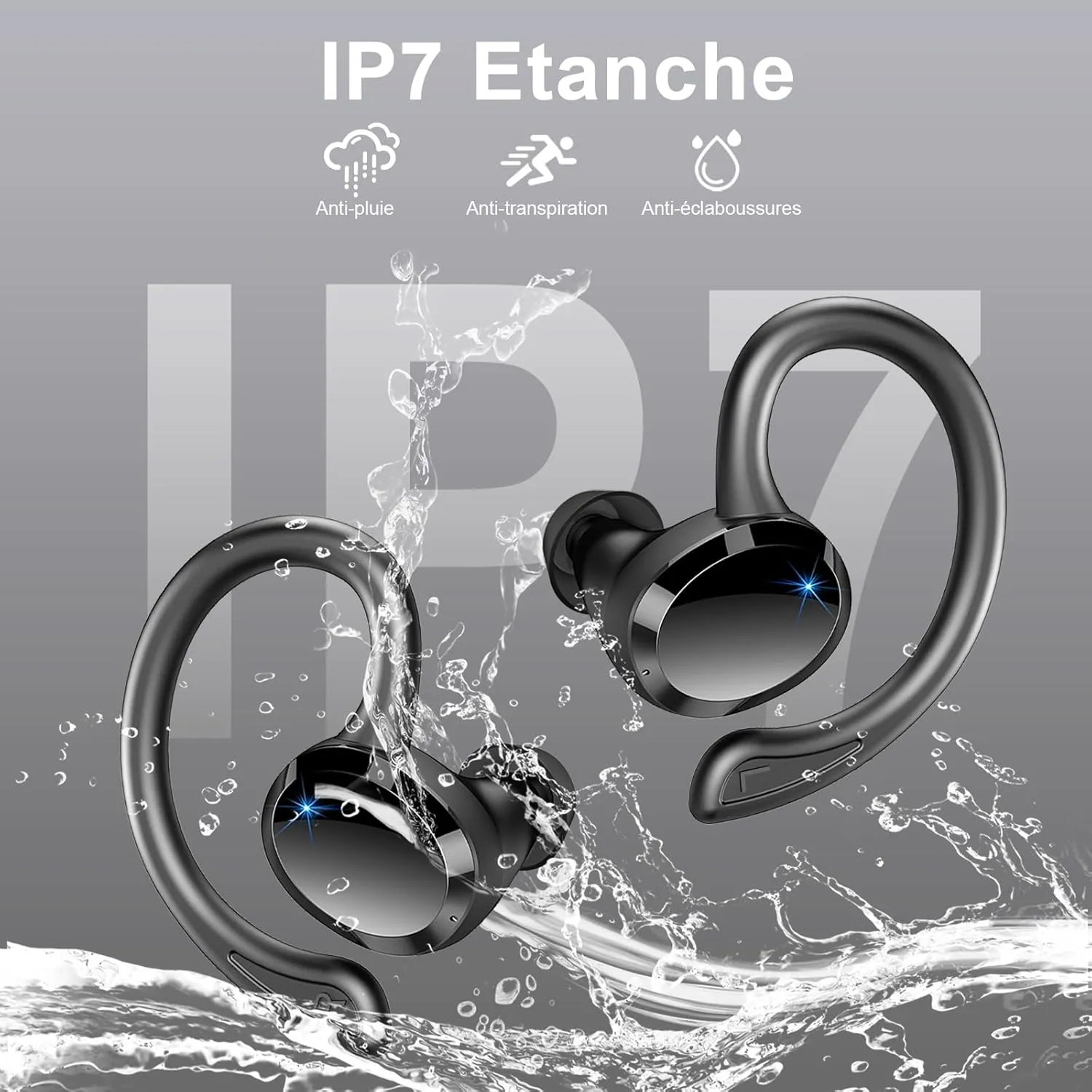 Wireless Earbud Sport, Bluetooth 5.3 Headphone Bass Hi-Fi Stereo Over Ear Buds, 48Hrs Noise Cancelling Headset with Earhook, IP7 Waterproof in-Ear Earphone Workout Running for Laptop Pad Android iOS