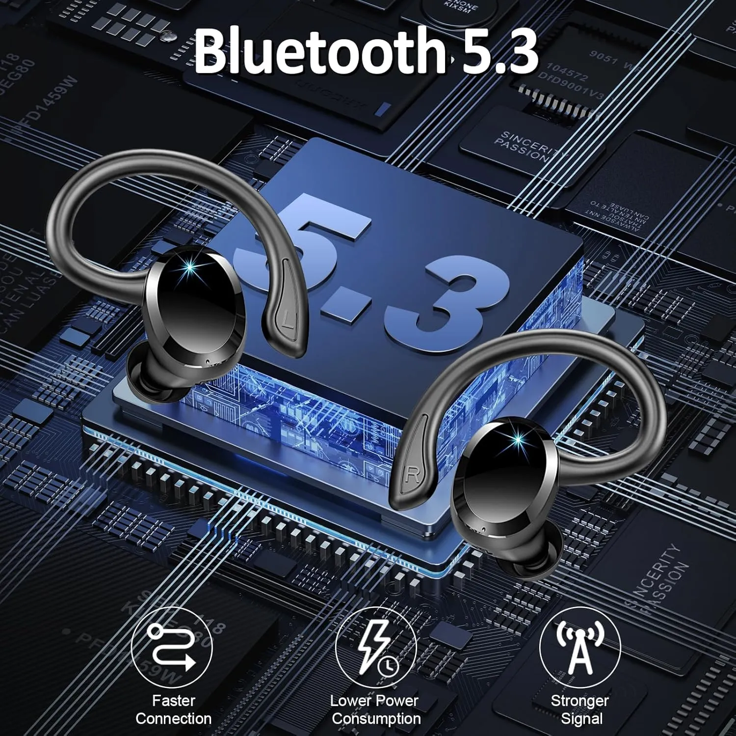 Wireless Earbud Sport, Bluetooth 5.3 Headphone Bass Hi-Fi Stereo Over Ear Buds, 48Hrs Noise Cancelling Headset with Earhook, IP7 Waterproof in-Ear Earphone Workout Running for Laptop Pad Android iOS